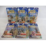 Six Star Wars Attack of the Clones carded figures, to include Jango Fett, and Tusken Raider, cards