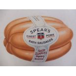 A rare Spear's Finest Pork Bath Sausages die-cut showcard in the shape of a pack of sausages, 16 1/2