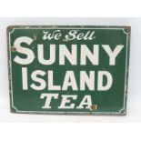 A Sunny Island Tea double sided enamel sign with hanging flange by Walmsley Camborne, 16 x 12".