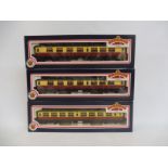 Three boxed Bachman Branch Line coaches, BR crimson and cream.