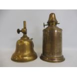 A French brass Pidgeon lamp, with traces of original plating, plus a bell shaped lamp with wick.