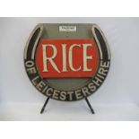 A Rice of Leicestershire horseshoe shaped dealership sign, 37" wide x 39 1/2" high x 3" deep.