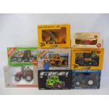 Eight boxed agricultural tractors and accessories, different accessories to include the Massey