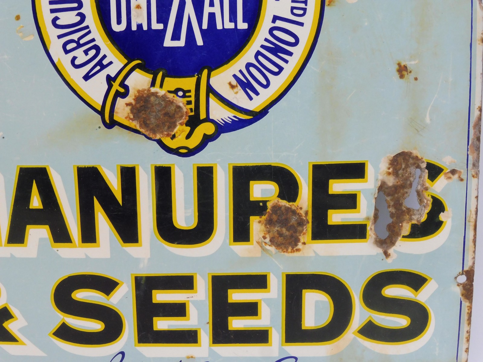 A 'One & All' Manures & Seeds rectangular enamel sign, 13 1/2 x 19 1/2". - Image 2 of 4