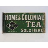 A Home & Colonial Tea Sold Here double sided enamel sign with hanging flange by Patent Enamel, 20