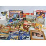 Two boxes of interesting toys from different eras to include Victory, wooden puzzles, aircraft