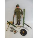 Original Action Man - a 1960s painted head figure, heavy weapons combat, with accessories.