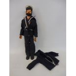 Original Action Man - a circa 1970s flock haired figure with beard, wearing a British sailor's