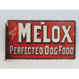 A Melox Perfected Dog Food double sided enamel sign with hanging flange by Burnham, unusual small