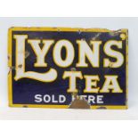 A Lyons' Tea Sold Here double sided enamel sign lacking hanging flange, 18 x 12".