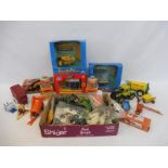 An interesting box of predominantly farm to include figures, farm animals, tractors etc.