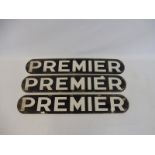 Three black and white enamel signs, 'Premier', 24 x 4".