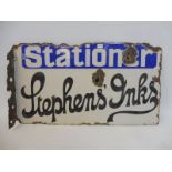 A Stephen's Inks 'Stationer/Library' double sided enamel sign with hanging flange, 18 x 10".