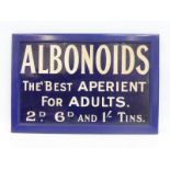 An Albonoids 'The Best Aperient For Adults' rectangular enamel sign in a painted wooden frame, small