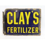 A small Clay's Fertilizer double sided enamel sign with hanging flange, 12 x 9".