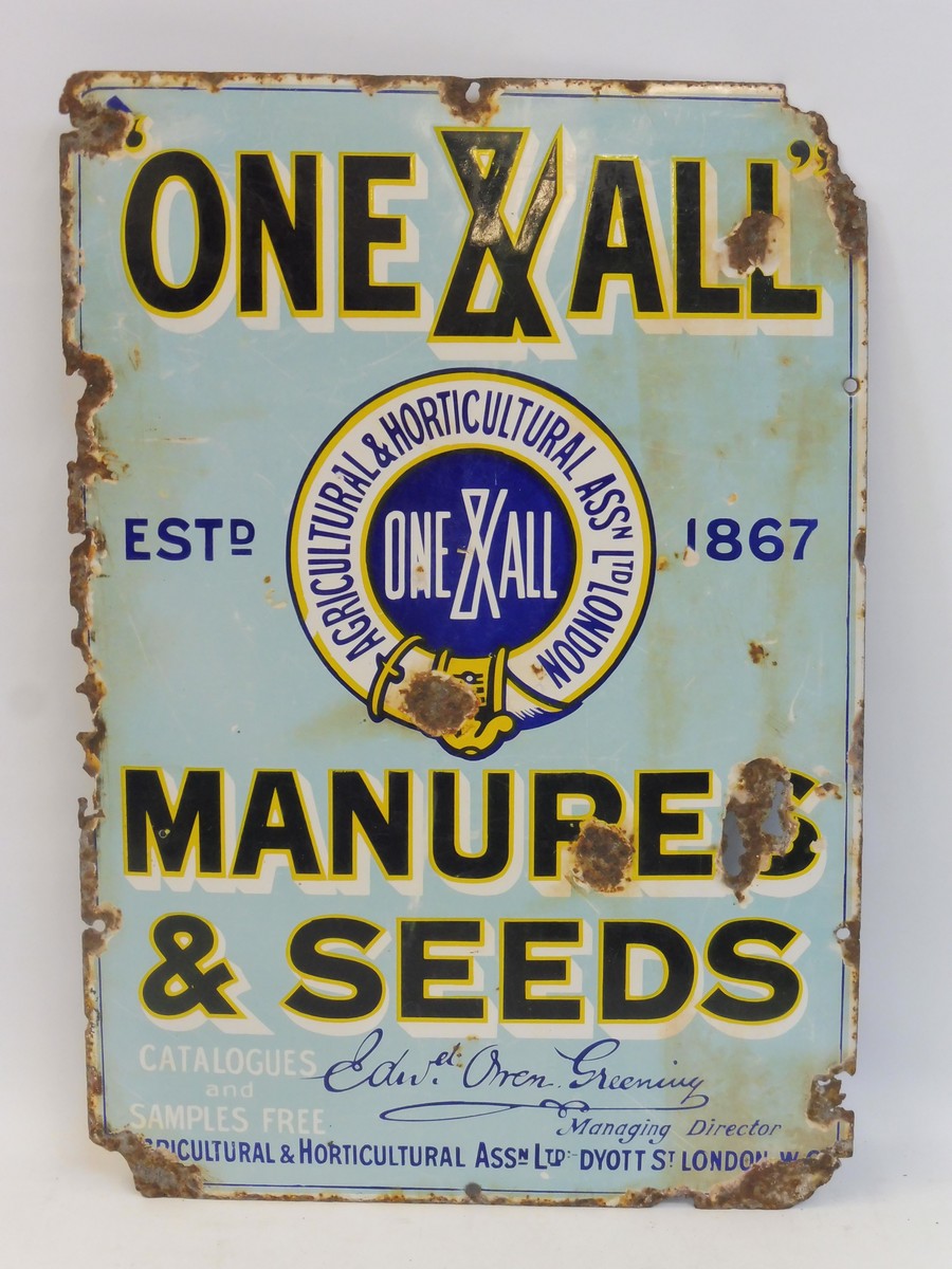 A 'One & All' Manures & Seeds rectangular enamel sign, 13 1/2 x 19 1/2".