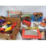 A box of various toys, TV related die-cast, Corgi shop display etc.