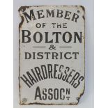 A 'Member of the Bolton & District Hairdressers Assocn' double sided enamel sign by Ralph &