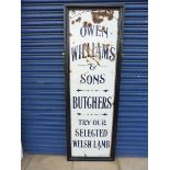 An Owen Williams & Sons Butchers 'Selected Welsh Lamb' rectangular enamel sign in a wooden frame, by