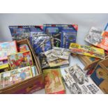 Two boxes of interesting toys from different eras including Airfix, slot car racing etc.