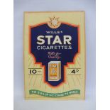 A Wills's Star Cigarettes rectangular showcard, 9 3/4 x 14 1/2".