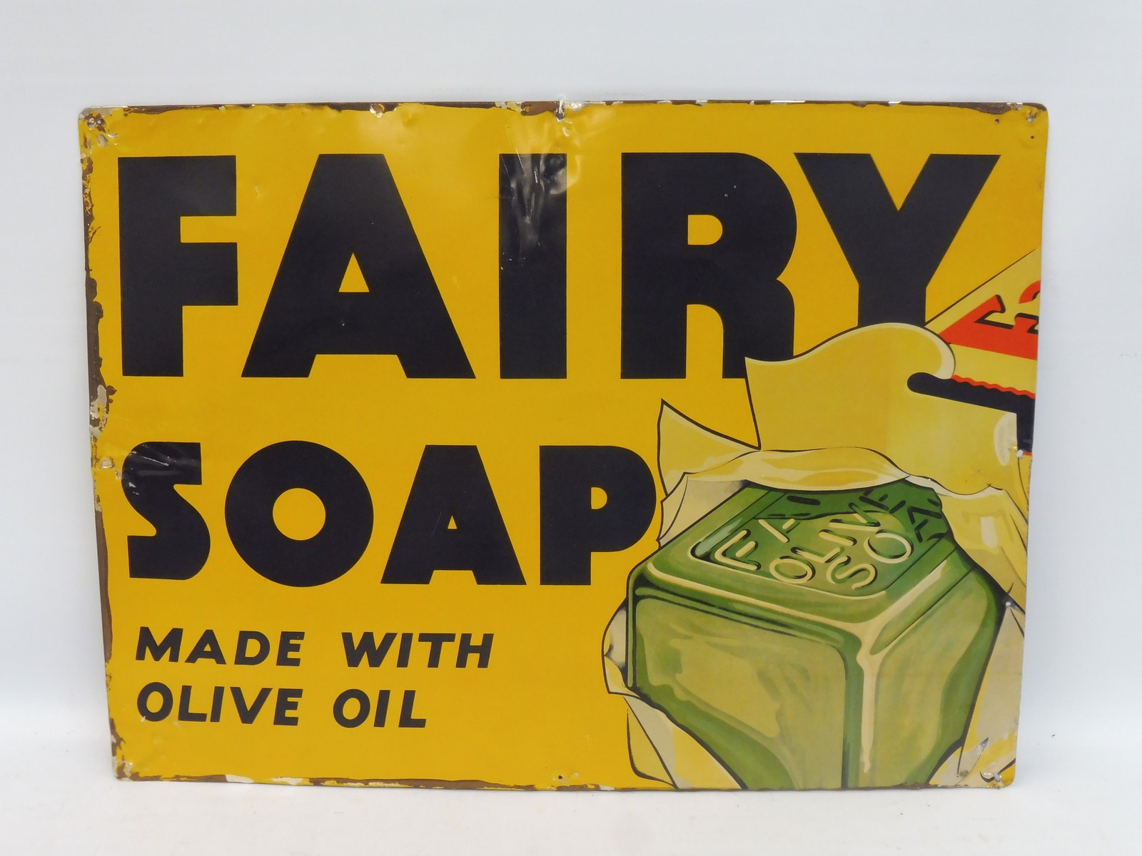 A Fairy Soap 'Made with olive oil' rectangular tin advertising sign, 21 x 15 1/2".