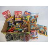 A box of assorted toys including carded Hot Wheels, Britains, TV related carded etc.