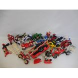 A collection of Transformers and Power Rangers to include vehicles and motorbikes.