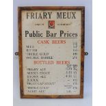 A framed and glazed Friary Meux 'Public Bar Prices' showcard, dated 1/11/61, 10 1/2 x 15".