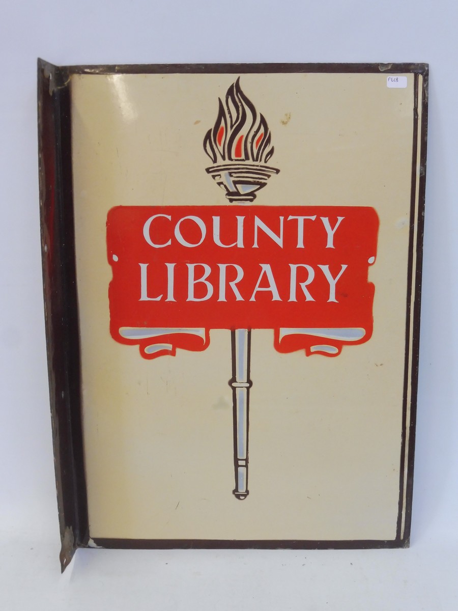 A County Library double sided enamel sign with hanging flange, very good condition, 13 x 18".