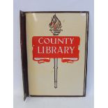 A County Library double sided enamel sign with hanging flange, very good condition, 13 x 18".