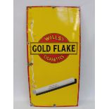 A Wills's Gold Flake Cigarettes rectangular enamel sign with a lit cigarette image, 18 x 36".