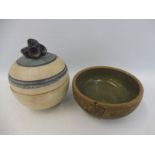 A studio pottery circular lidded bowl, plus a pottery bowl with impressed mark to base.