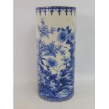 A Chinese blue and white cylindrical vase, 11 1/2" high.