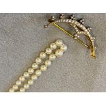 A yellow metal seed pearl encrusted semi-circular brooch plus a long single string of pearls with an