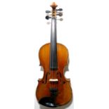 Three quarter size Bohemian violin, made early 20th century. Length of back 13 ¼" (33 cm). Some