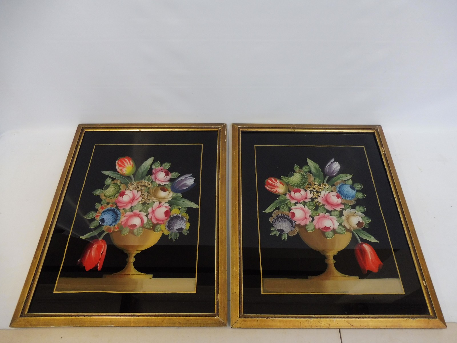 A pair of 19th Century Venetian reverse glass floral paintings, 17 1/2 x 21 3/4".