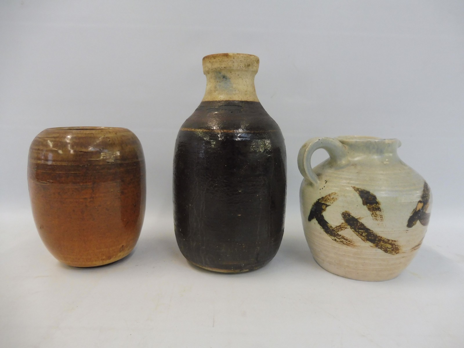 Two studio pottery vases, tallest 8 1/2" high, plus a jug. - Image 4 of 4