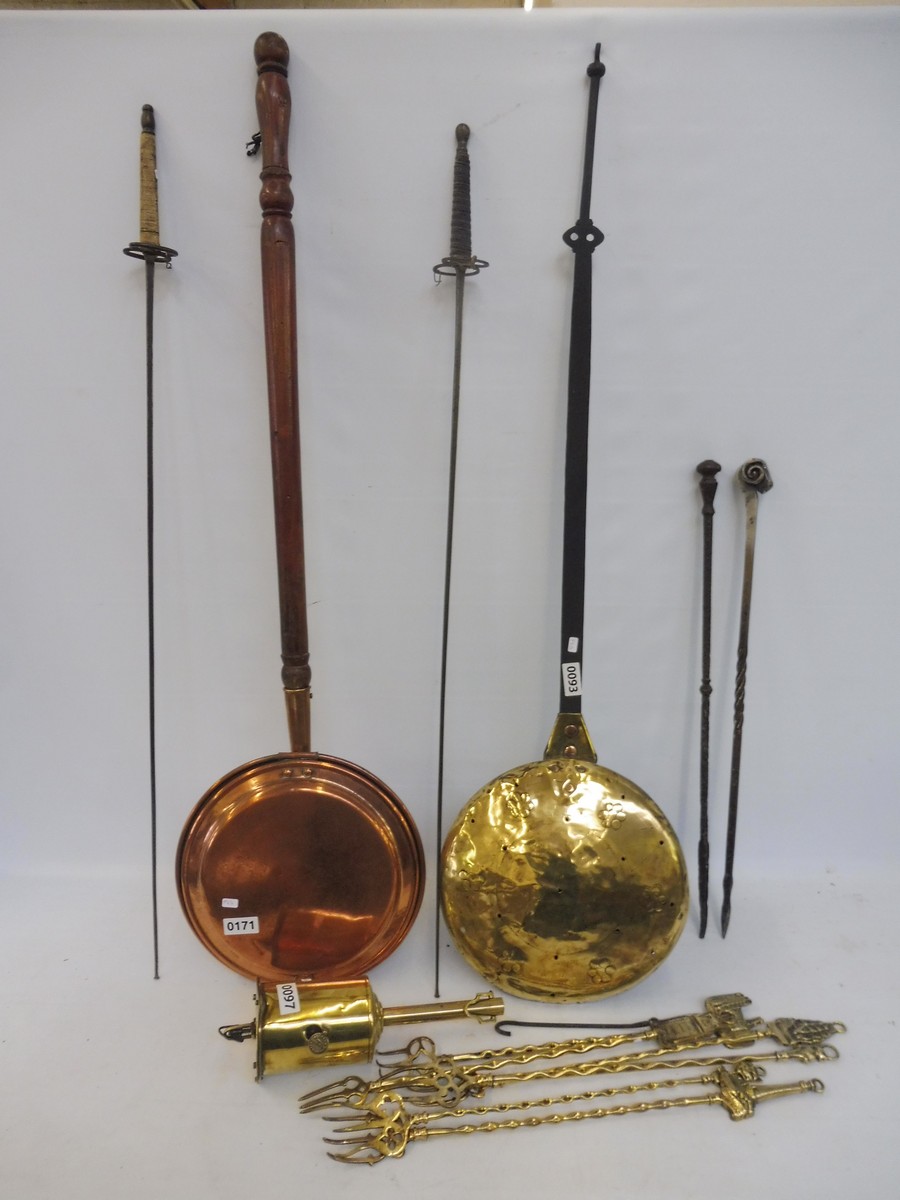 An 18th Century brass and iron handled warming pan, one other, a brass roasting jack and various