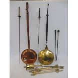 An 18th Century brass and iron handled warming pan, one other, a brass roasting jack and various