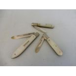 Three sterling silver and mother of pearl handled fruit knives.