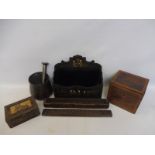 A quantity of assorted collectables including a Georgian tea caddy, a lacquered letter rack etc.