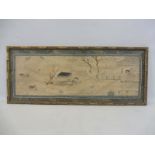 A framed and glazed embroidered Chinese silk depicting figures in a boat, 34 x 14".