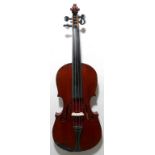 Three quarter size European violin labelled The Maidstone. Length of back 33 cm/ 13". One repair