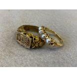 A yellow metal (probably gold) ring set with four pearls plus an unusual Asian ring, heavily