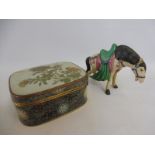 A cloisonne enamel oblong lidded box and a Chinese porcelain horse, signature to underneath.