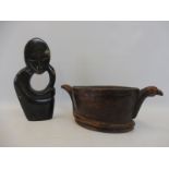 An unusual tribal oval carved bowl and a hardstone sculpture.