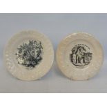 Two Victorian child's plates: Little Strokes Fell Great Oaks and Dr Franklin with alphabet border