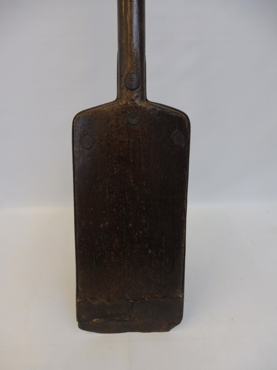 A 19th Century beech peat shovel with old iron repairs, 43 3/4" long. - Image 5 of 5