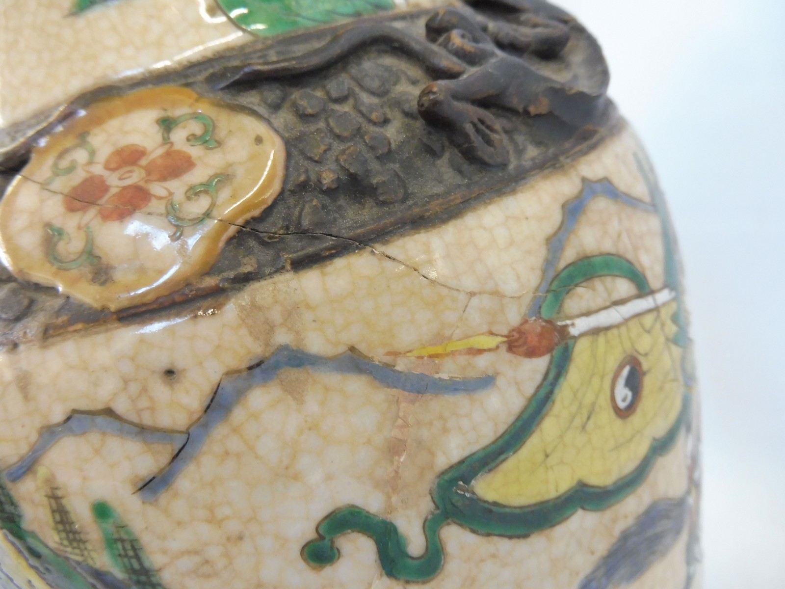 A 19th Century crackle glaze and enamelled vase, 14" high. - Image 5 of 7